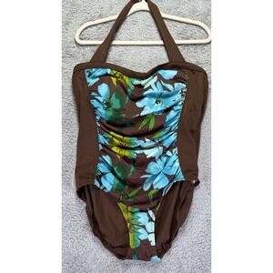 Tropical Escape Women 20W One Piece Swimsuit NWT Brown Floral Ruched Tummy Contr